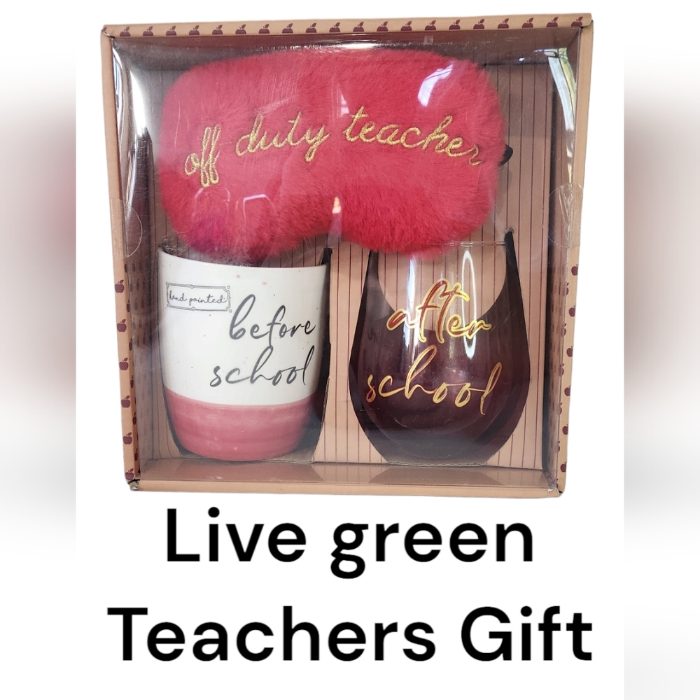 Pink 'Off Duty Teacher' Gift Set with Eye Mask and Matching Cups